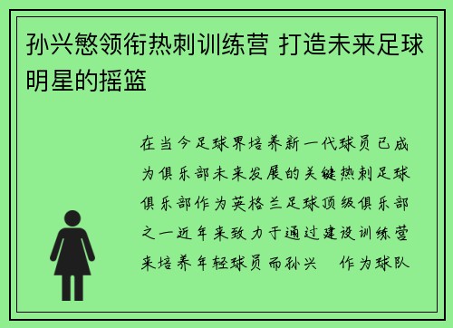 孙兴慜领衔热刺训练营 打造未来足球明星的摇篮